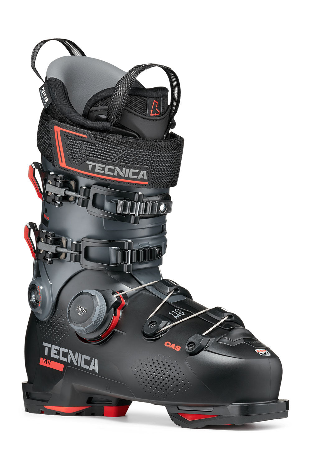 Black Tecnica ski boot with red accents on a white background