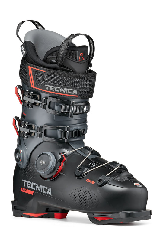 Black Tecnica ski boot with red accents on a white background