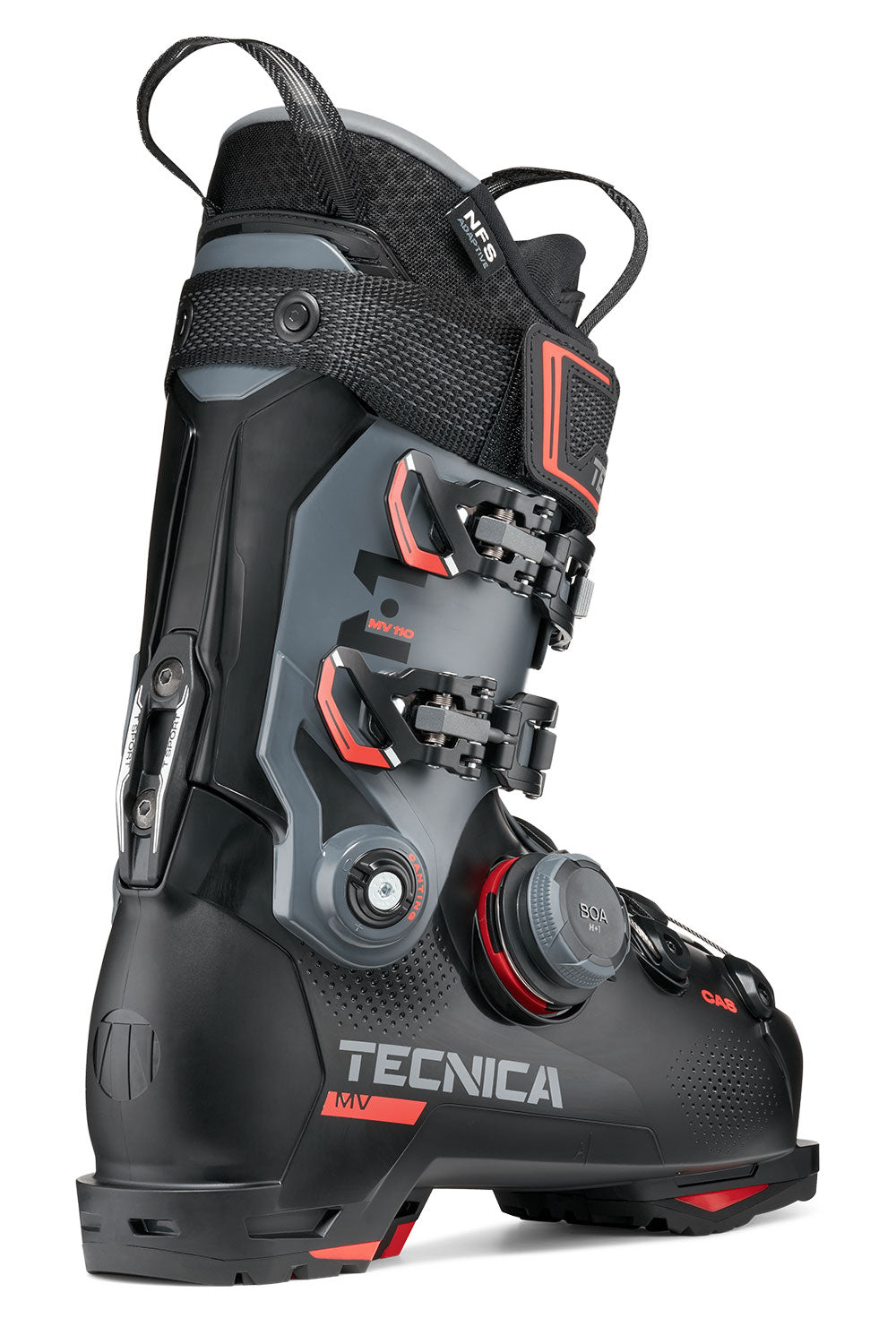 Black Tecnica ski boot with red accents on a white background