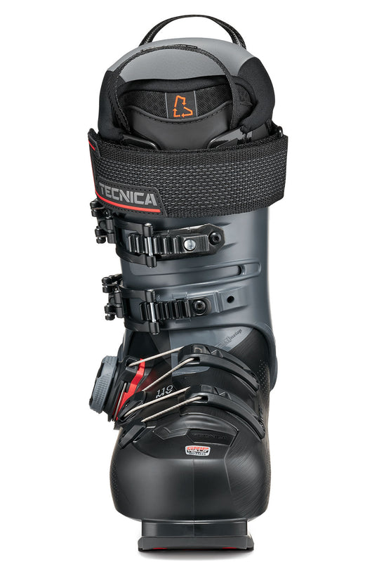 Black ski boot with visible brand logo on a white background