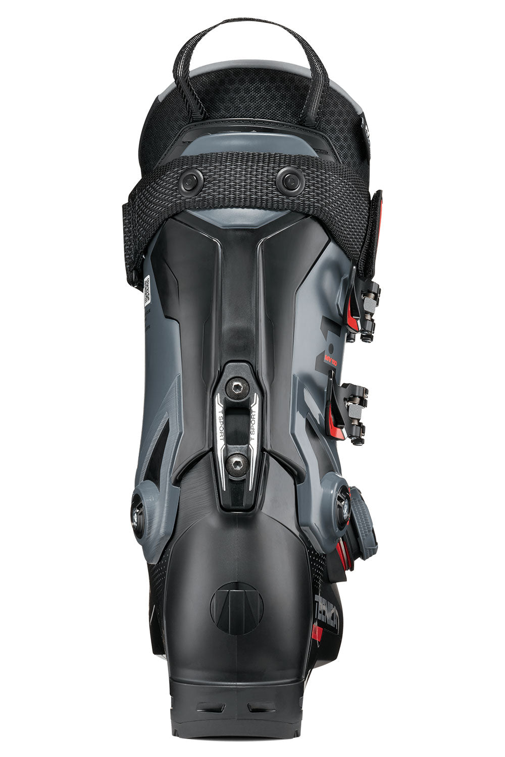 Black ski boot with visible branding on a white background