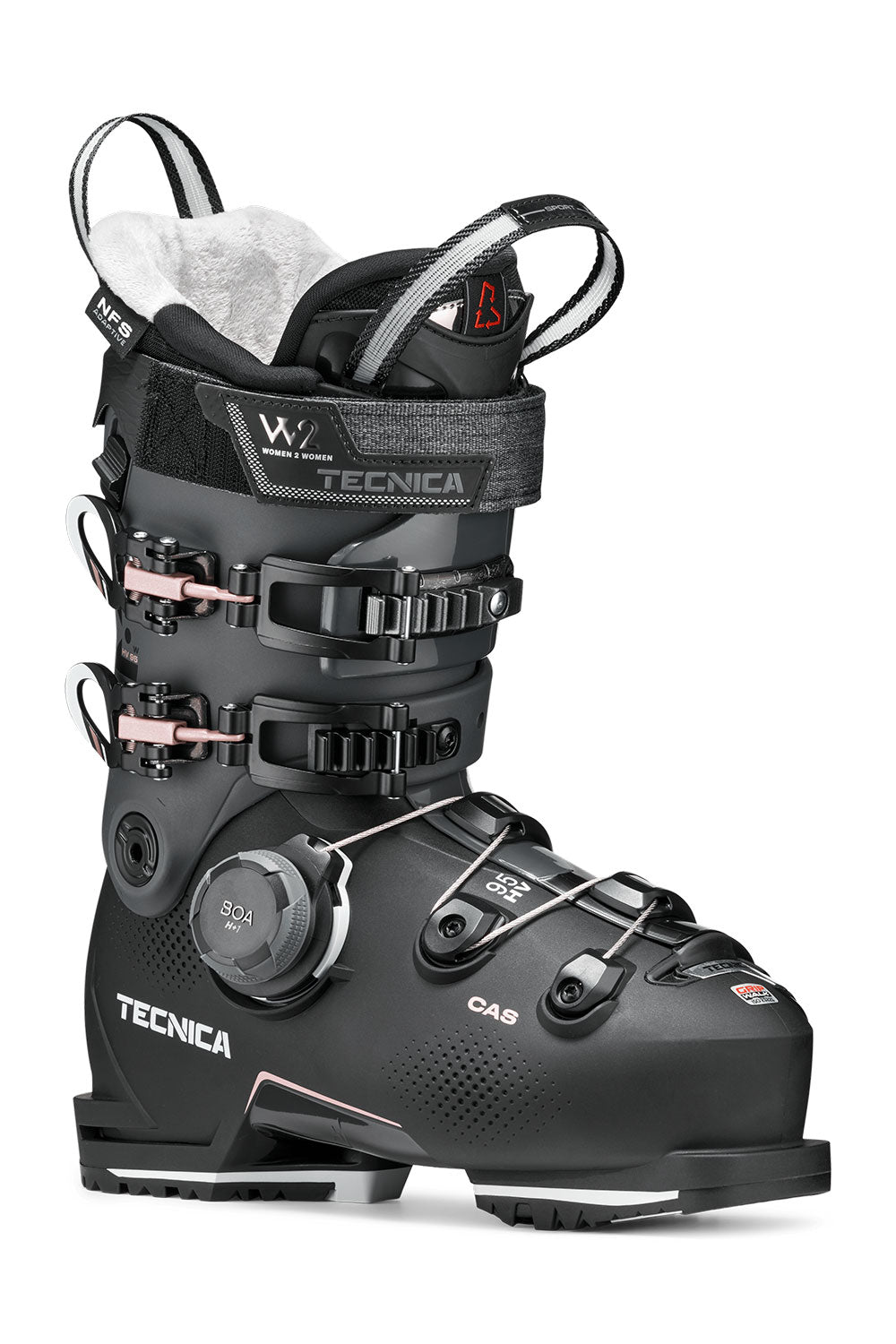 Black Tecnica ski boot on a white background
