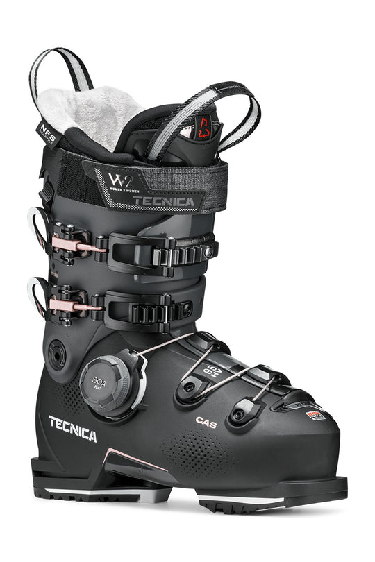 Black Tecnica ski boot on a white background