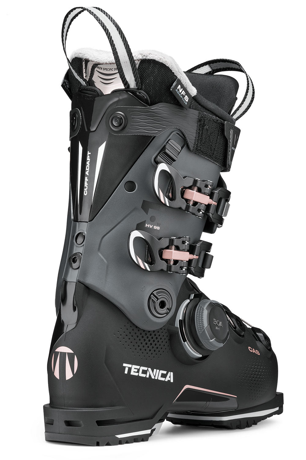 Black Tecnica ski boot on a white background