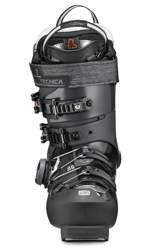 Black Tecnica ski boot on a white background