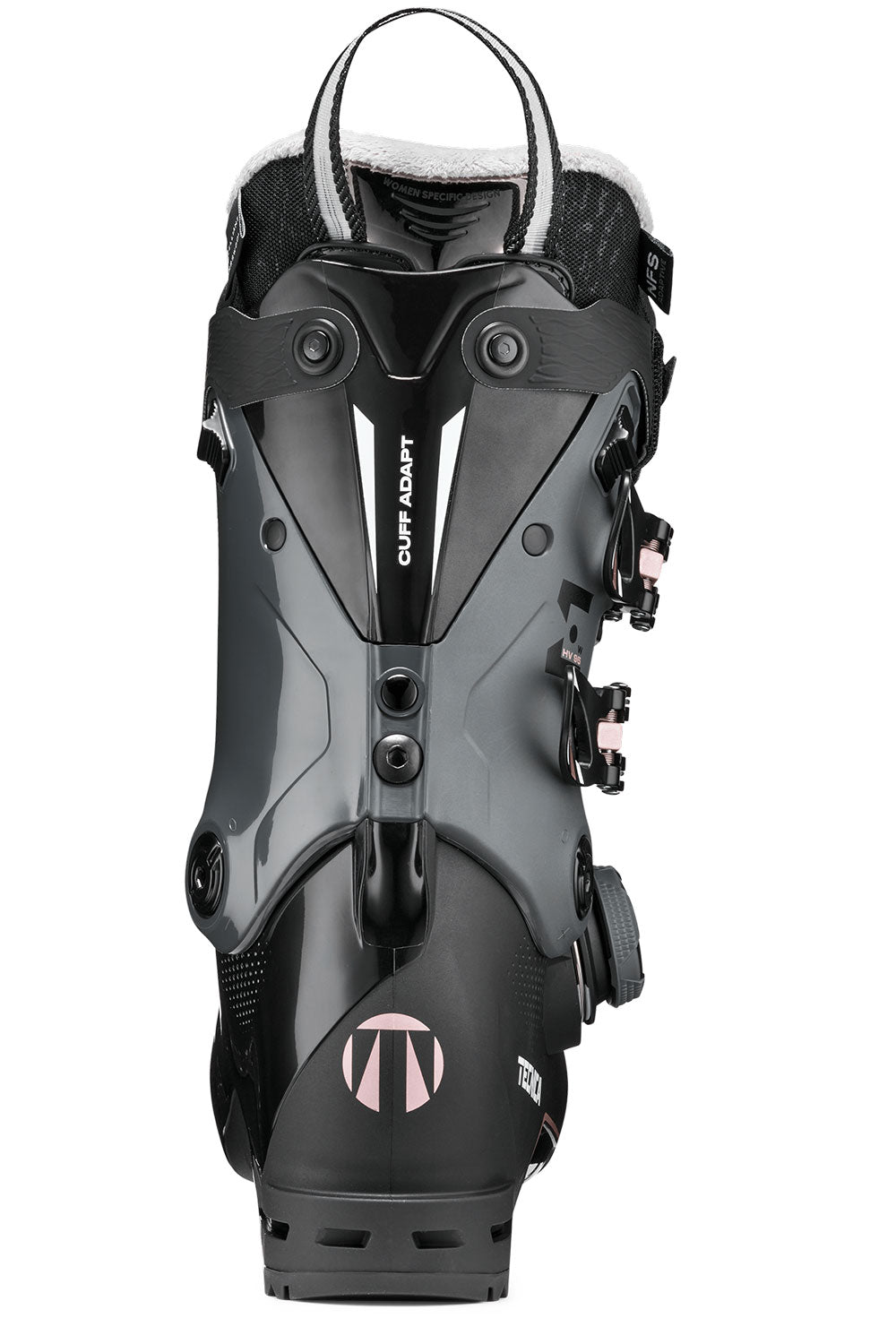 Black ski boot with visible brand logo on a white background