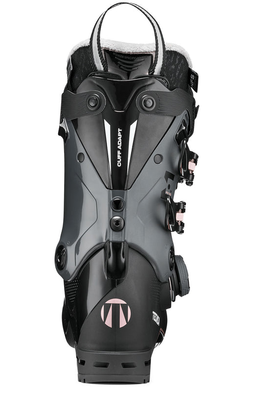 Black ski boot with visible brand logo on a white background