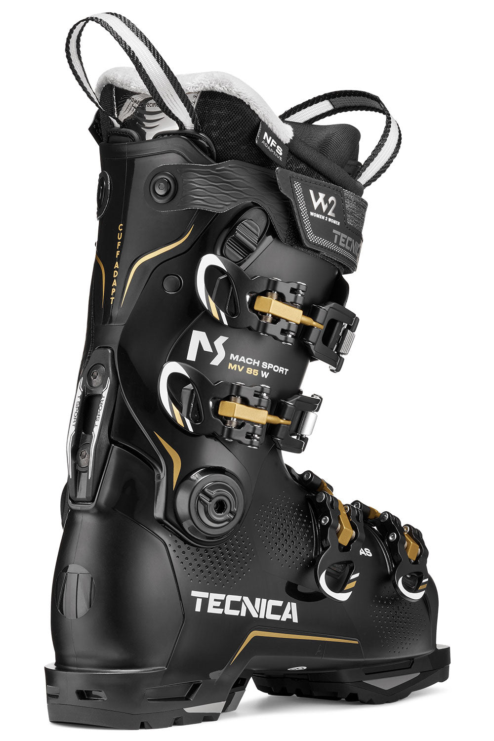 Black Tecnica ski boot with gold accents on a white background