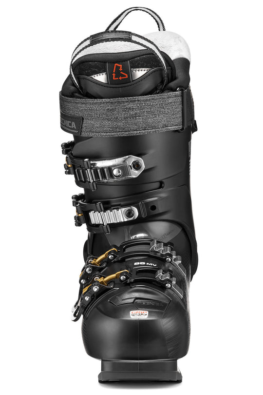 Black ski boot with visible brand logo on a white background