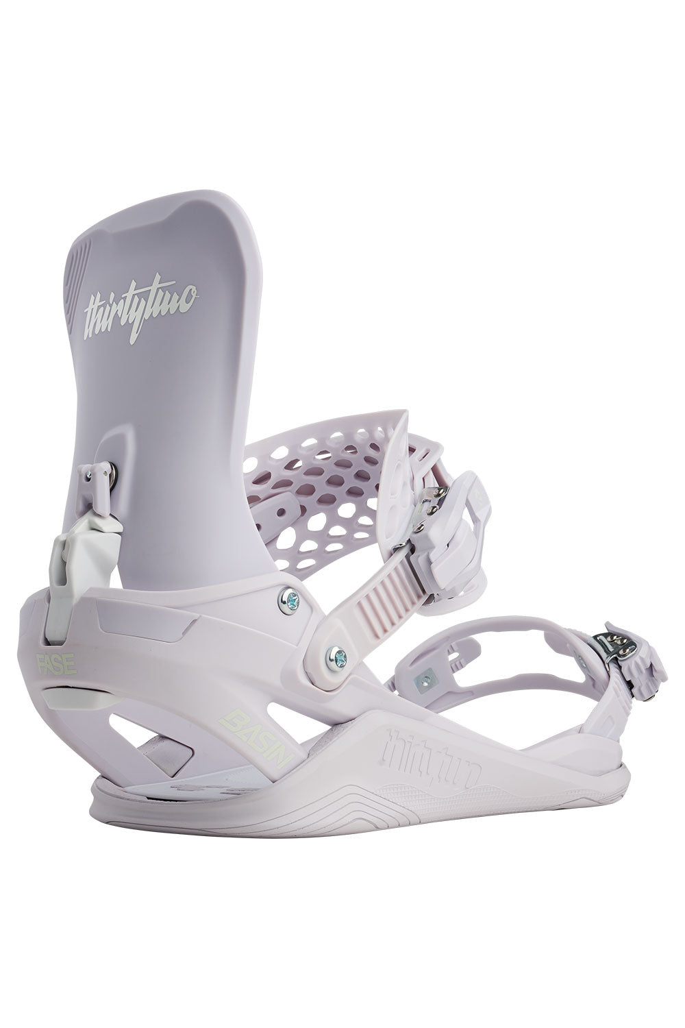Light purple snowboard binding with ' thirtytwo' branding on a white background