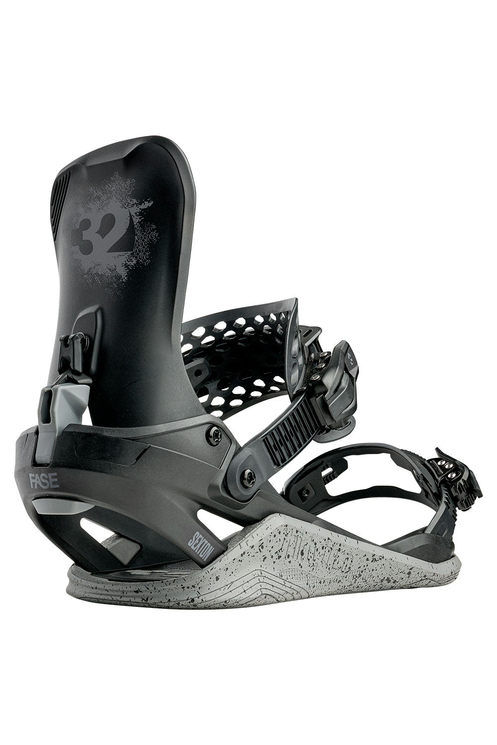 Black snowboard binding with gray base on a white background