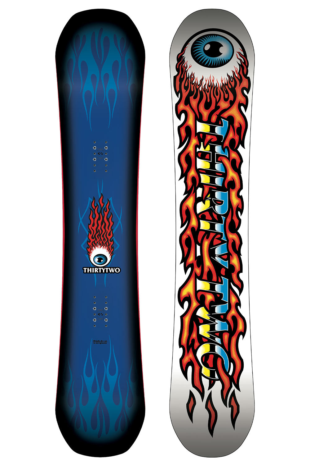 Two views of a snowboard with flame design and 'Thirtytwo' branding on a white background.