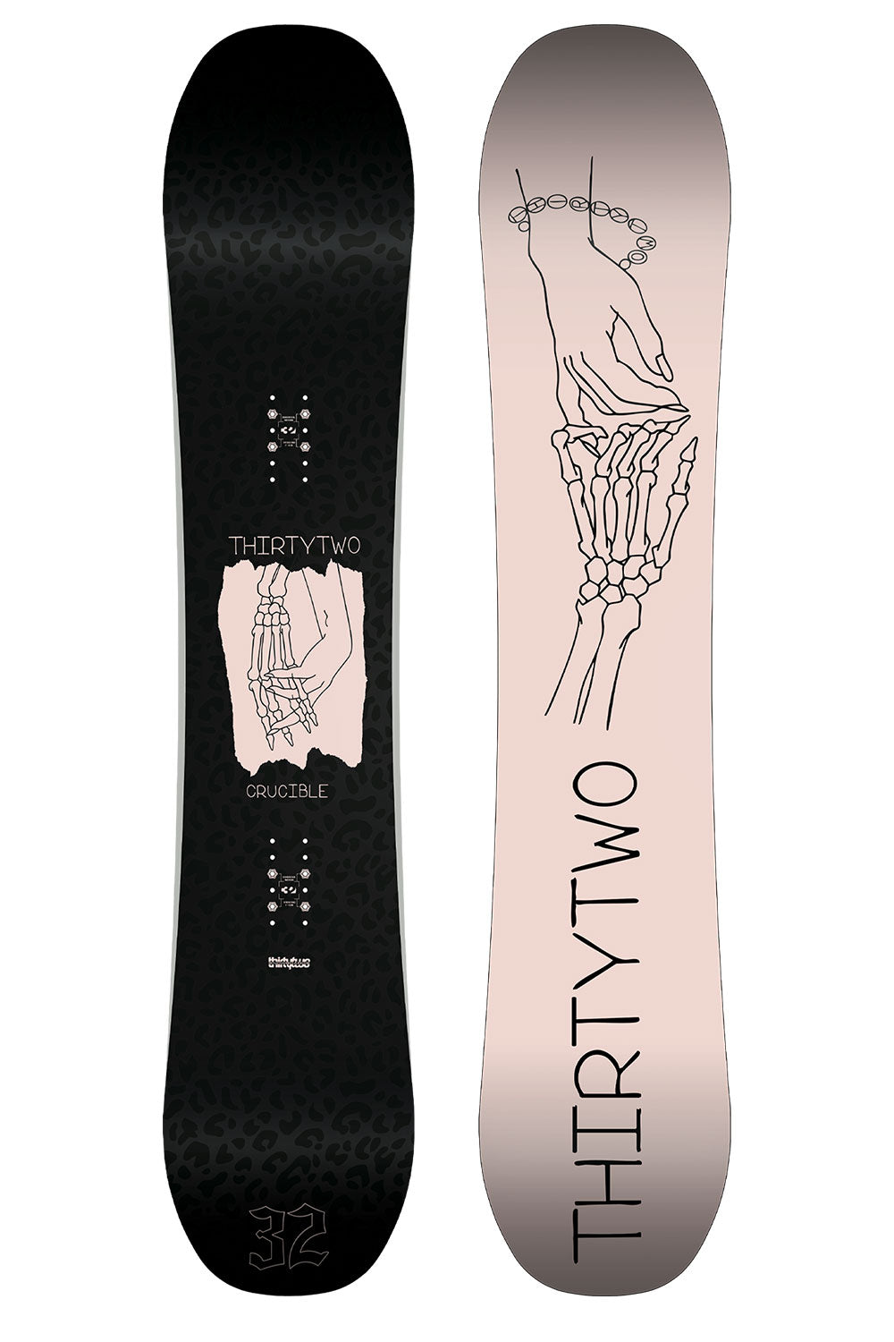 Two sides of a snowboard with 'ThirtyTwo' branding and skeleton hand design.
