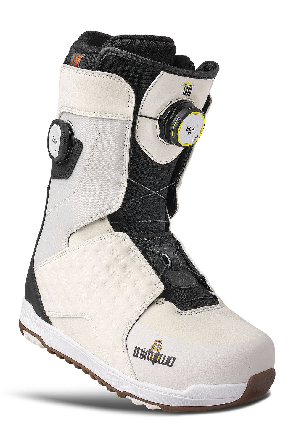 White and black snowboard boot with visible brand logo on a white background