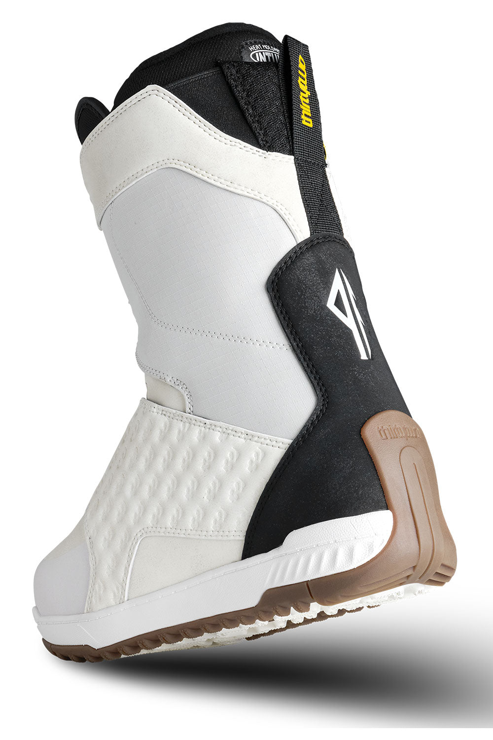 White and black boot with brown sole on a white background