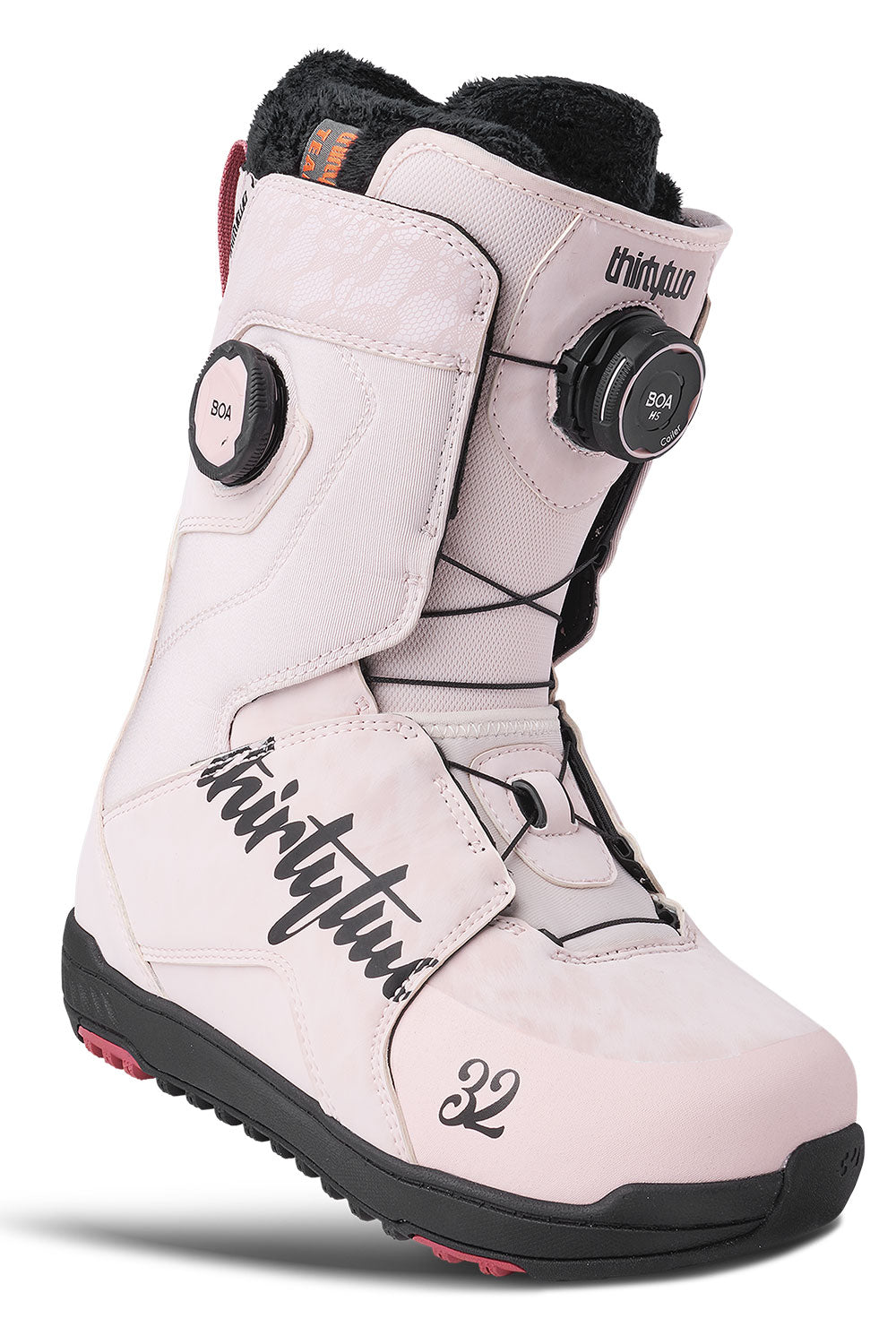 Light pink snowboard boot with black accents on a white background