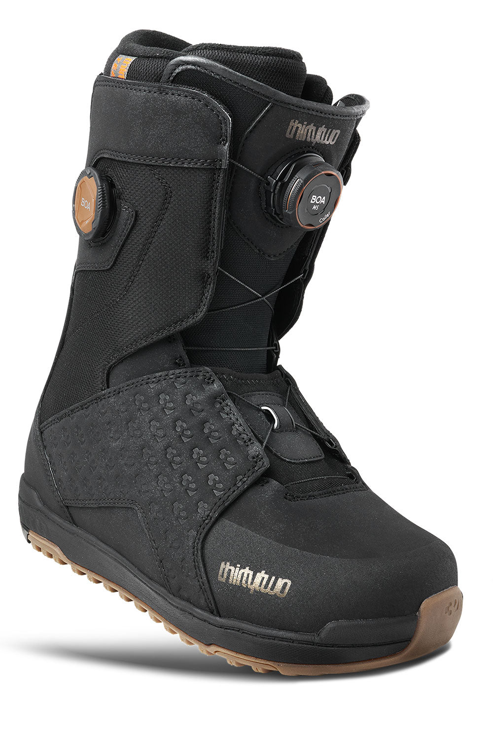 Black snowboard boot with visible brand logo on a white background