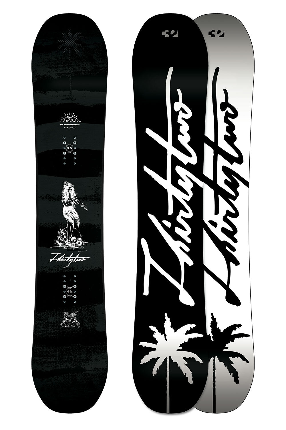 Black and white snowboard with 'ThirtyTwo' branding on a white background