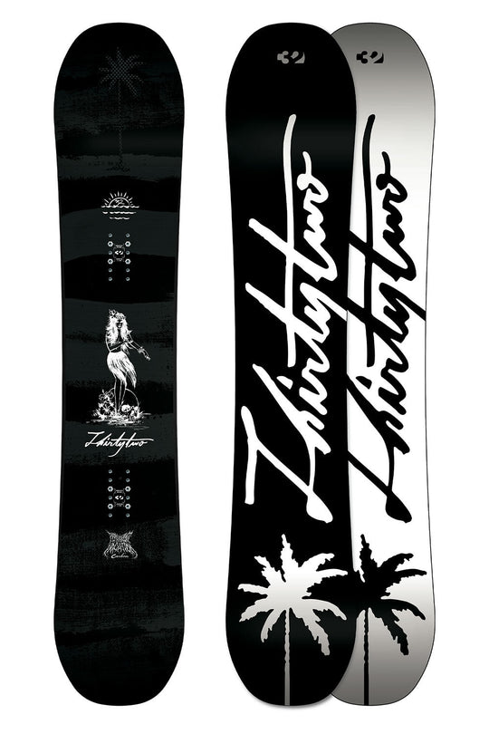 Black and white snowboard with 'ThirtyTwo' branding on a white background