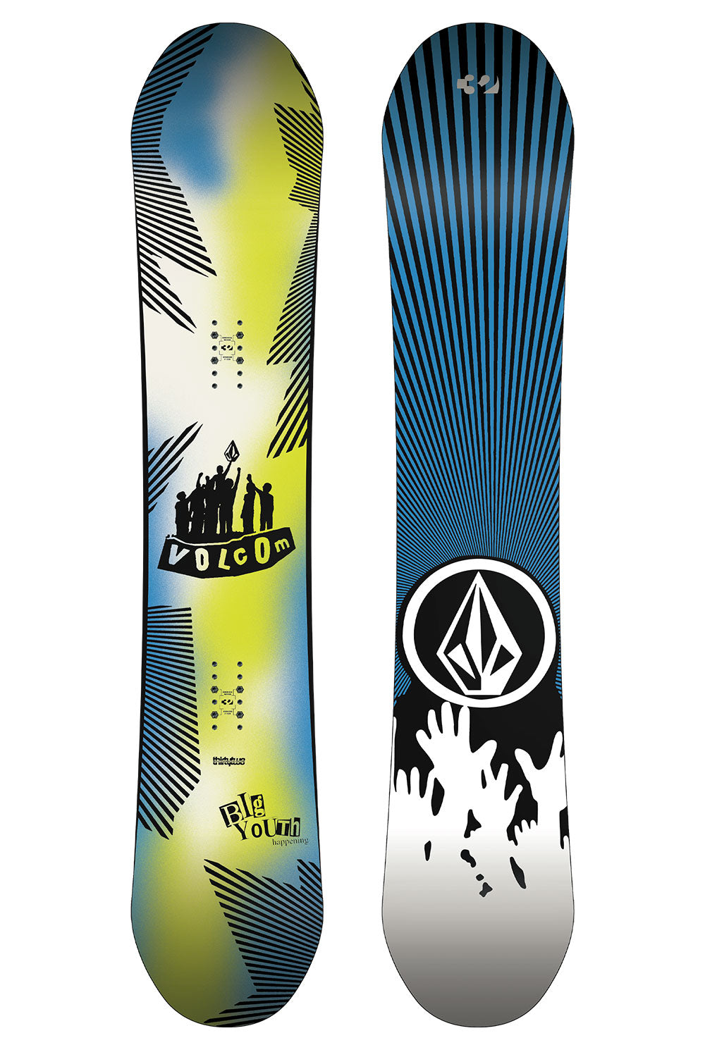 Two views of a Volcom snowboard deck on a white background