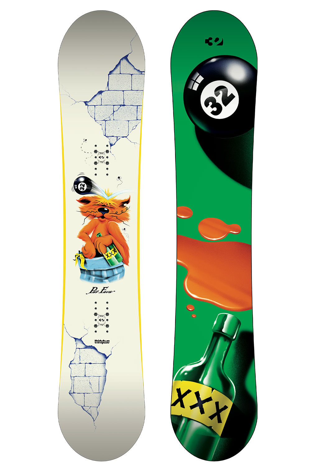 Two colorful skateboard decks with unique designs on a white background