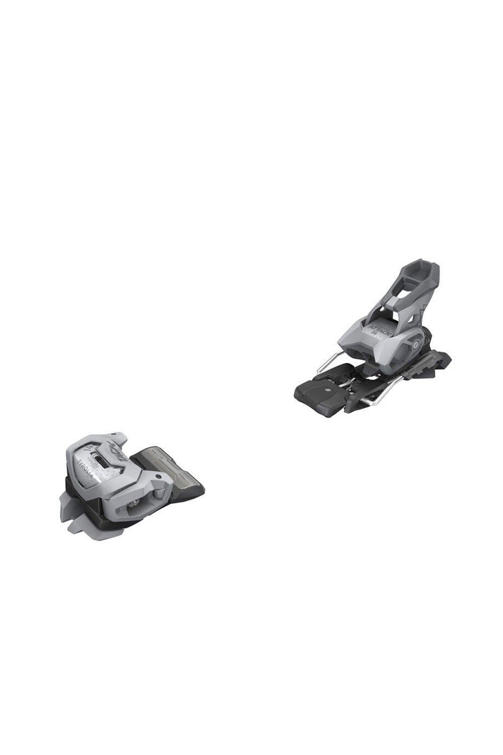 Two ski bindings shown on a plain white background, one in the lower left and one in the upper right, both in gray and black.