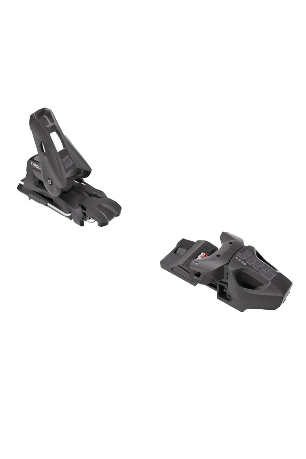 A pair of black ski bindings shown from different angles on a plain white background.
