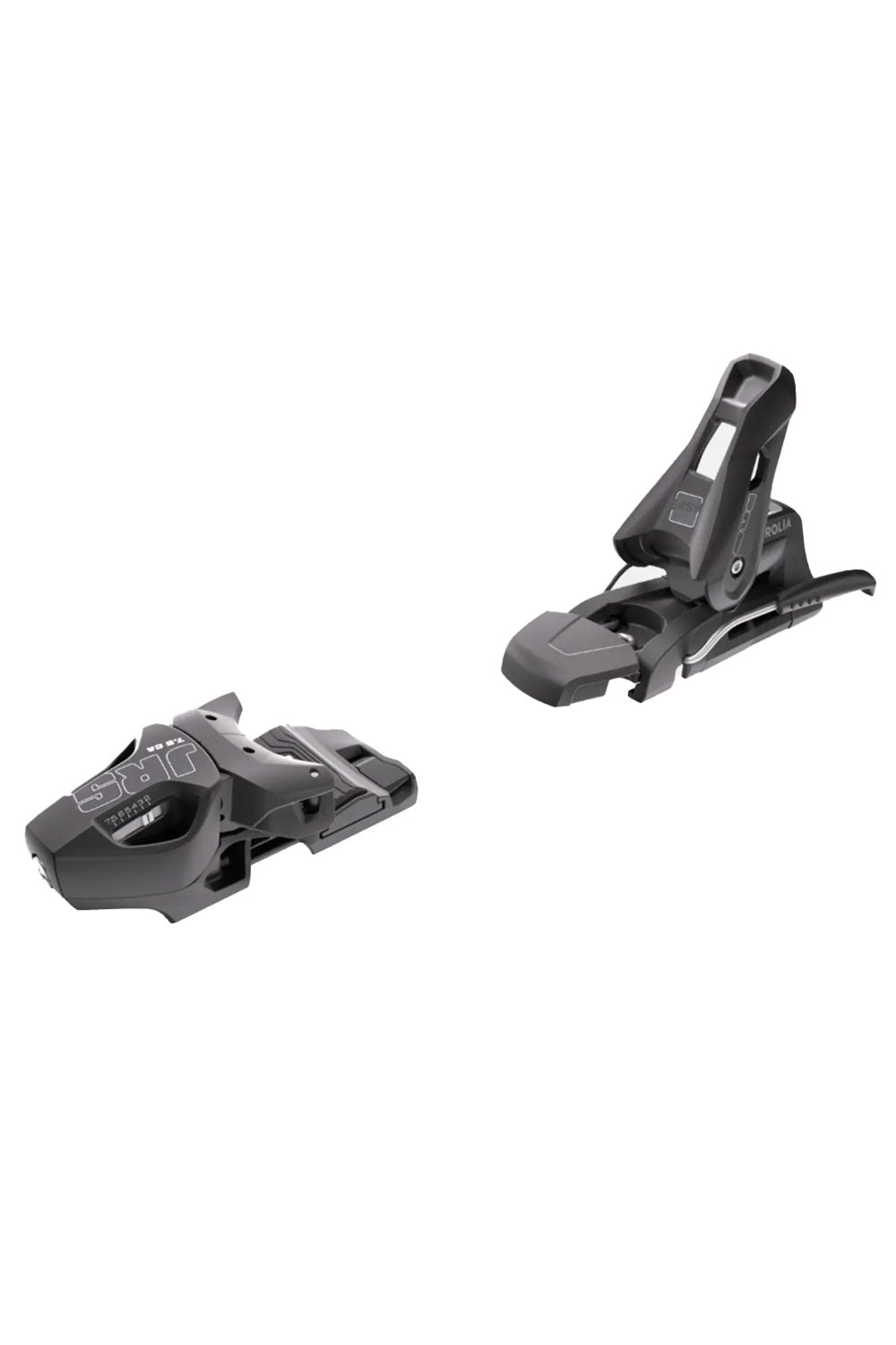 Two black ski bindings shown on a plain white background, one upright and one lying on its side to show the base profile.