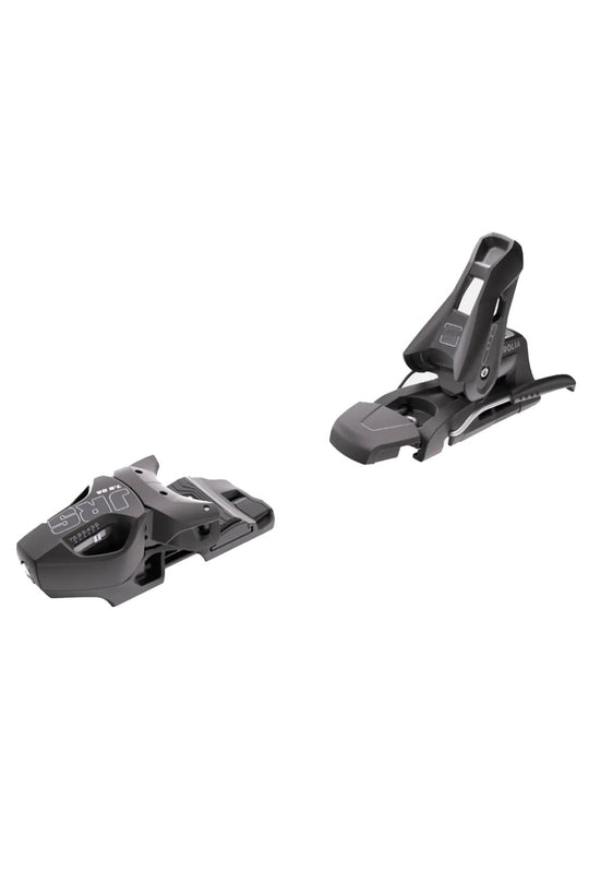 Two black ski bindings shown on a plain white background, one upright and one lying on its side to show the base profile.