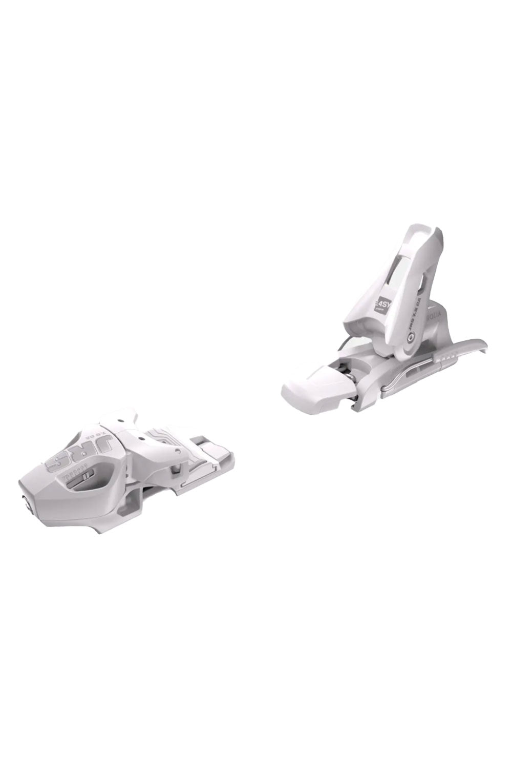 A pair of white ski bindings shown against a plain white background, with one binding in a closed toe position and the other in an open toe position.
