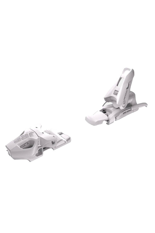 A pair of white ski bindings shown against a plain white background, with one binding in a closed toe position and the other in an open toe position.
