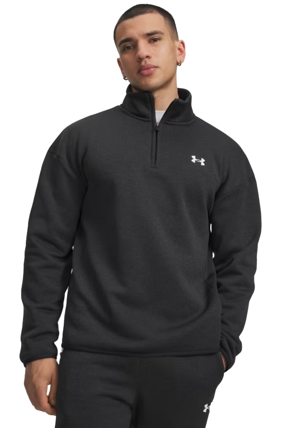A man wearing a dark charcoal gray Under Armour quarter-zip sweatshirt and matching sweatpants, shown from the waist up against a plain white background.