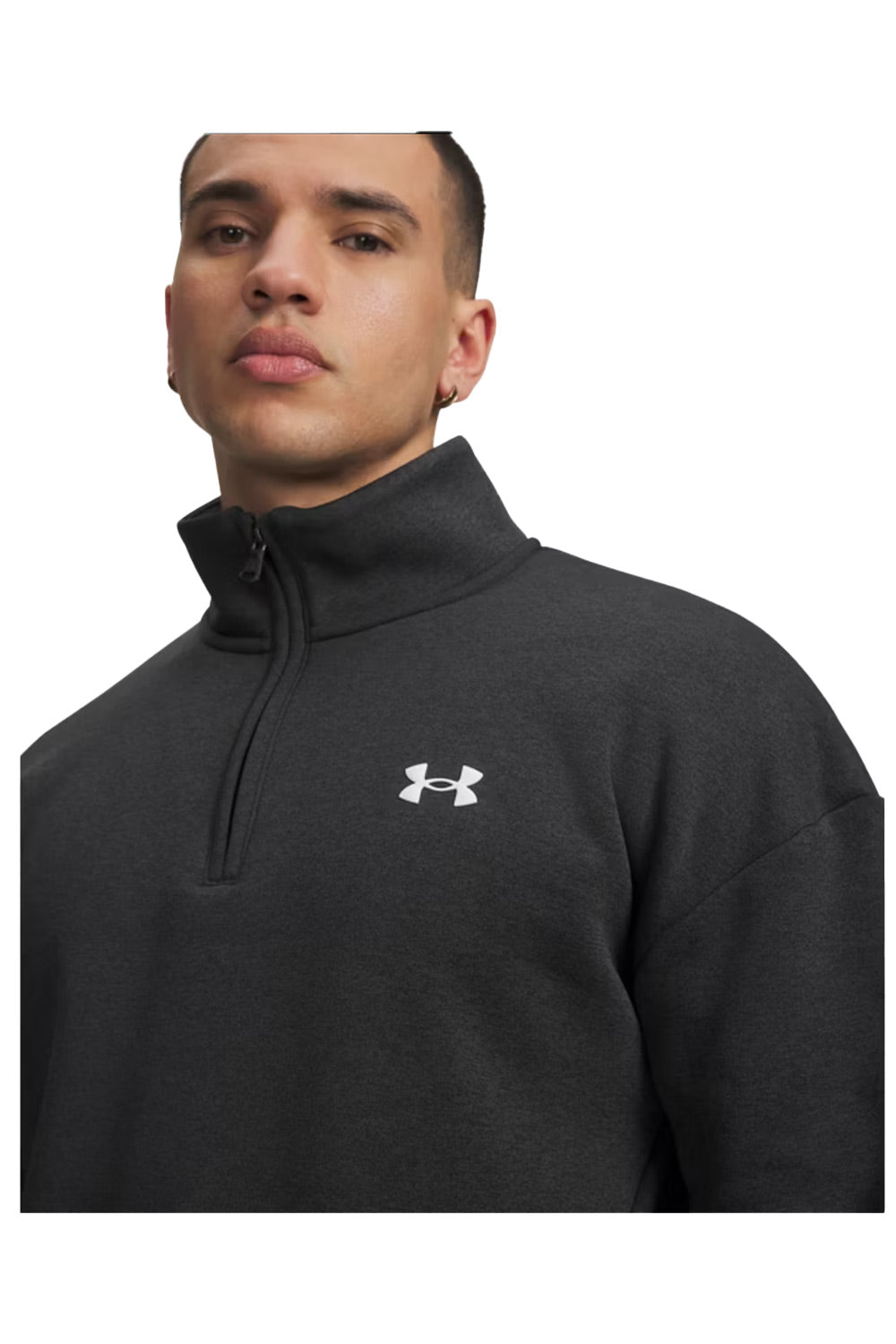 A man wearing a dark gray Under Armour quarter-zip pullover sweatshirt with a white logo on the chest, shown against a plain white background.