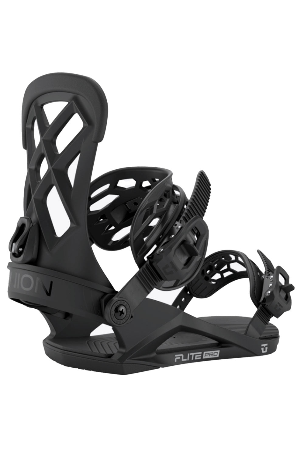Black snowboard binding on a white background