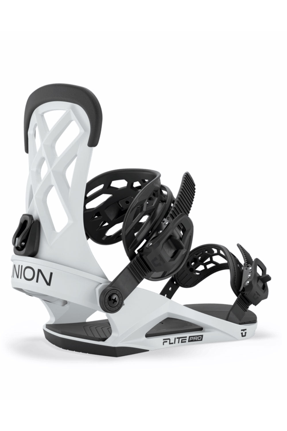 light gray and black snowboard bindings with 'UNION' branding on a white background