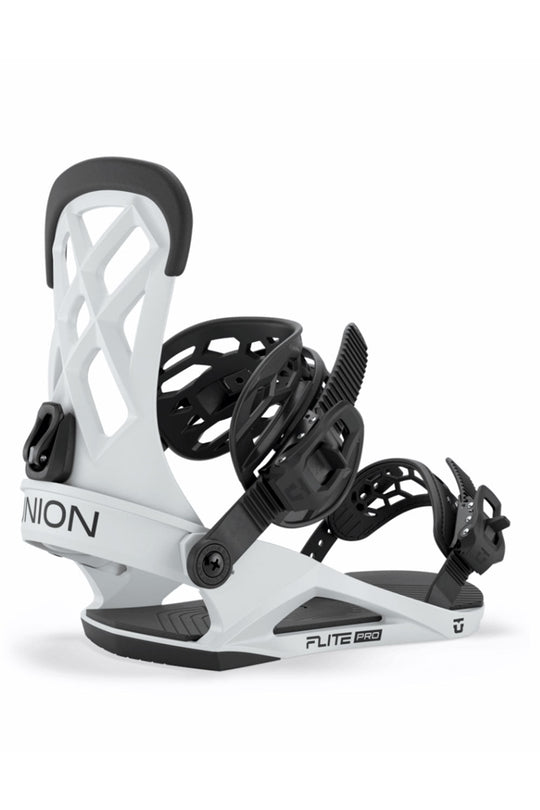 light gray and black snowboard bindings with 'UNION' branding on a white background