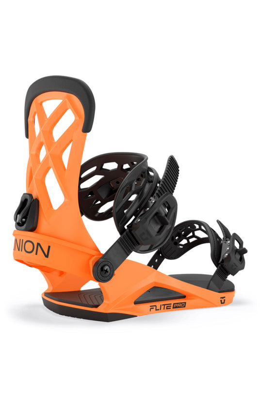 Orange and black snowboard binding on a white background