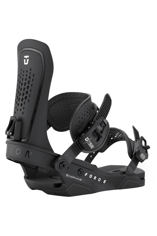 Black snowboard binding with 'Force' branding on a white background