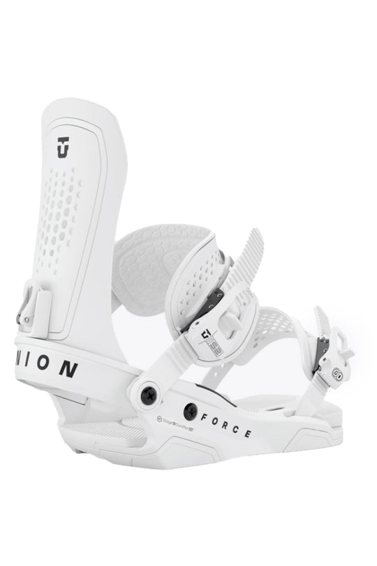 White snowboard binding with 'Force' branding on a white background