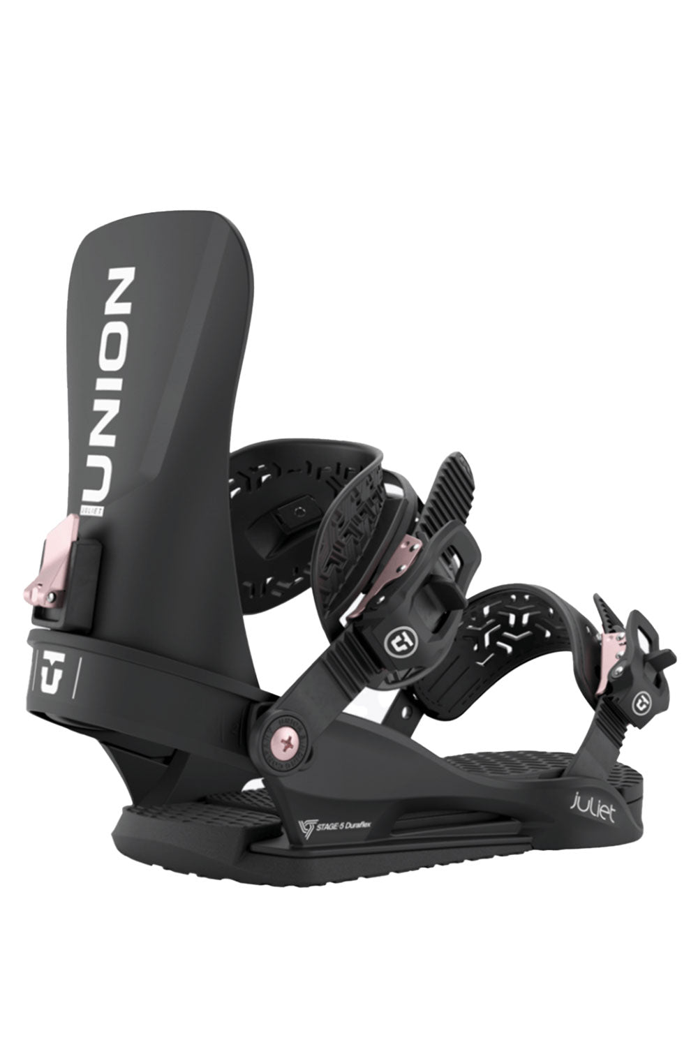 Black snowboard binding with Union logo on a white background