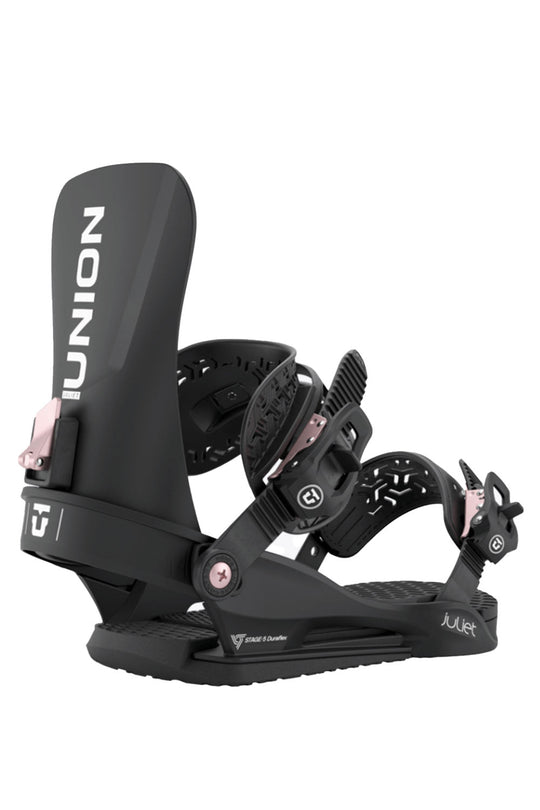 Black snowboard binding with Union logo on a white background