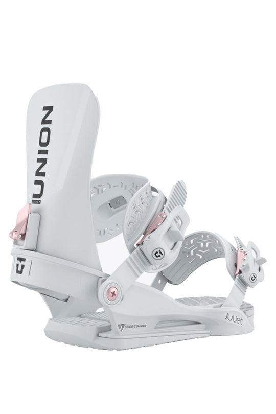 White snowboard bindings with Union logo on a white background