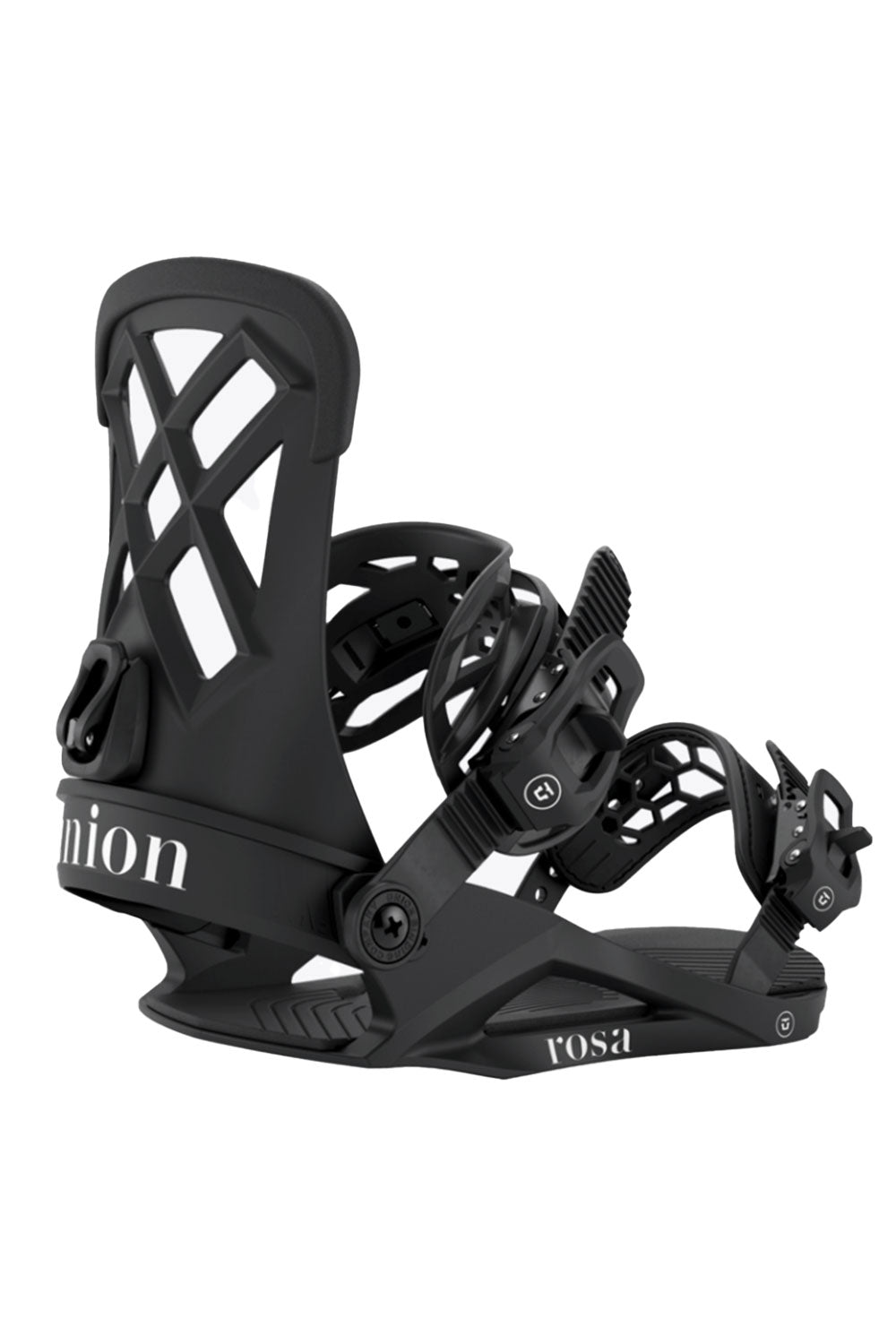 Black snowboard binding with Union branding on a white background