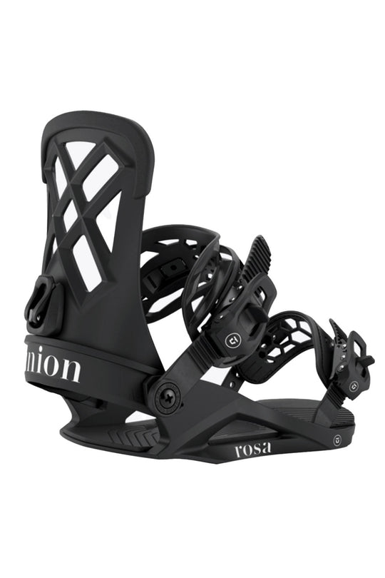 Black snowboard binding with Union branding on a white background