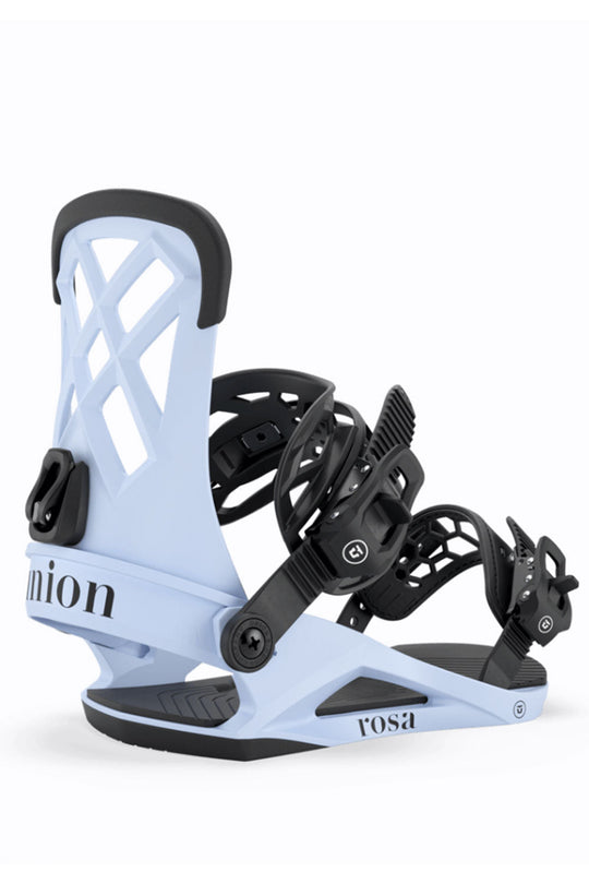 Light blue snowboard binding with black hardware on a white background