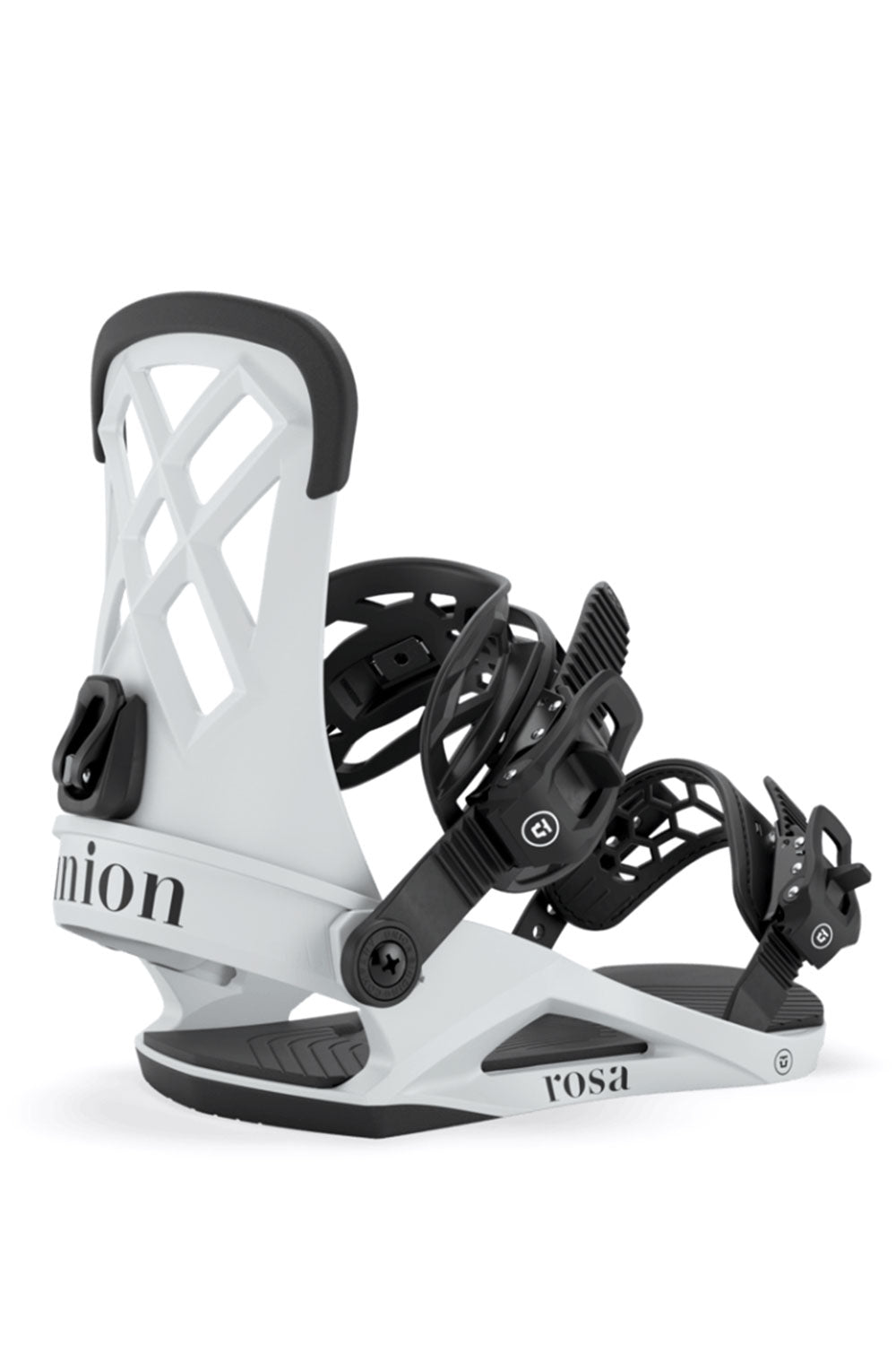 White and black snowboard binding with 'union' branding on a white background
