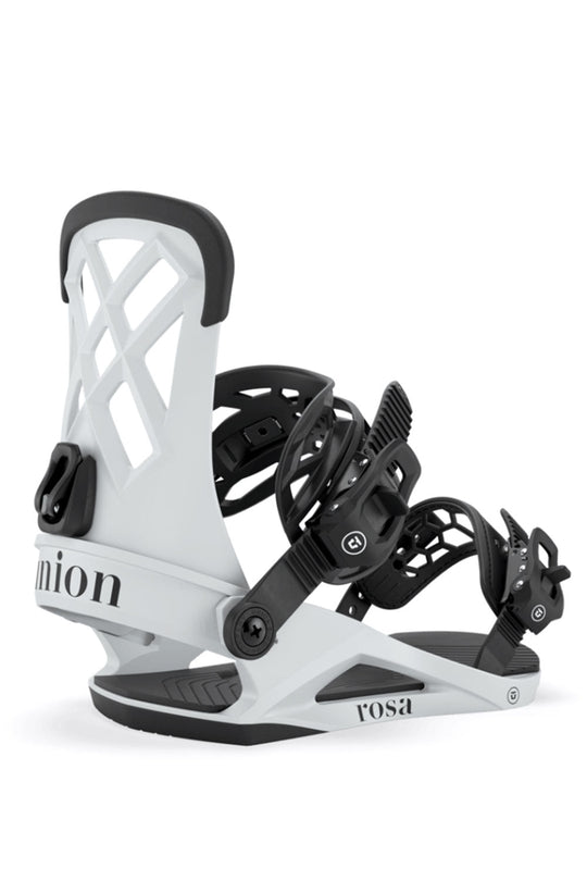 White and black snowboard binding with 'union' branding on a white background