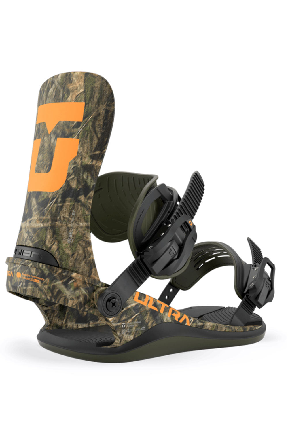 Camouflage snowboard binding with orange logo on a white background