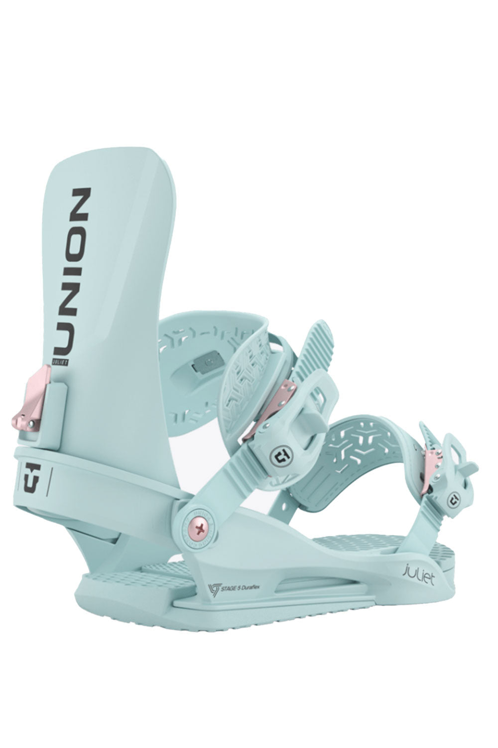 Light blue snowboard bindings with pink accents on a white background