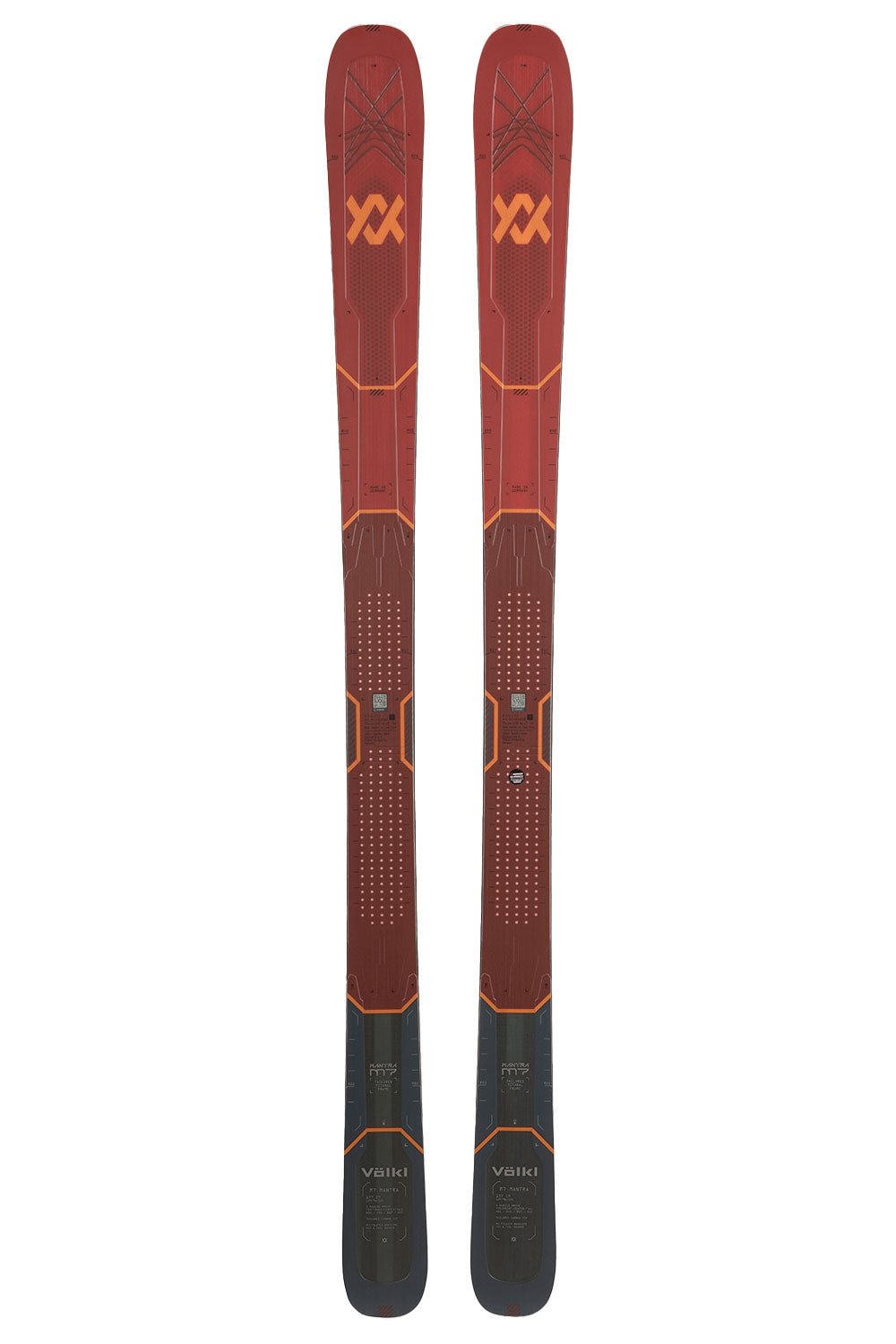 Pair of red and black skis with a brand logo on a white background